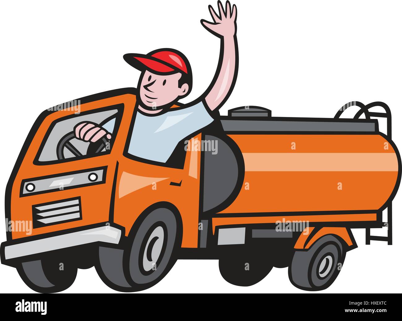 Illustrazione di un quattro ruote 4 autocisterna petroliera con driver salutando isolato su sfondo bianco fatto in stile cartoon. Illustrazione Vettoriale