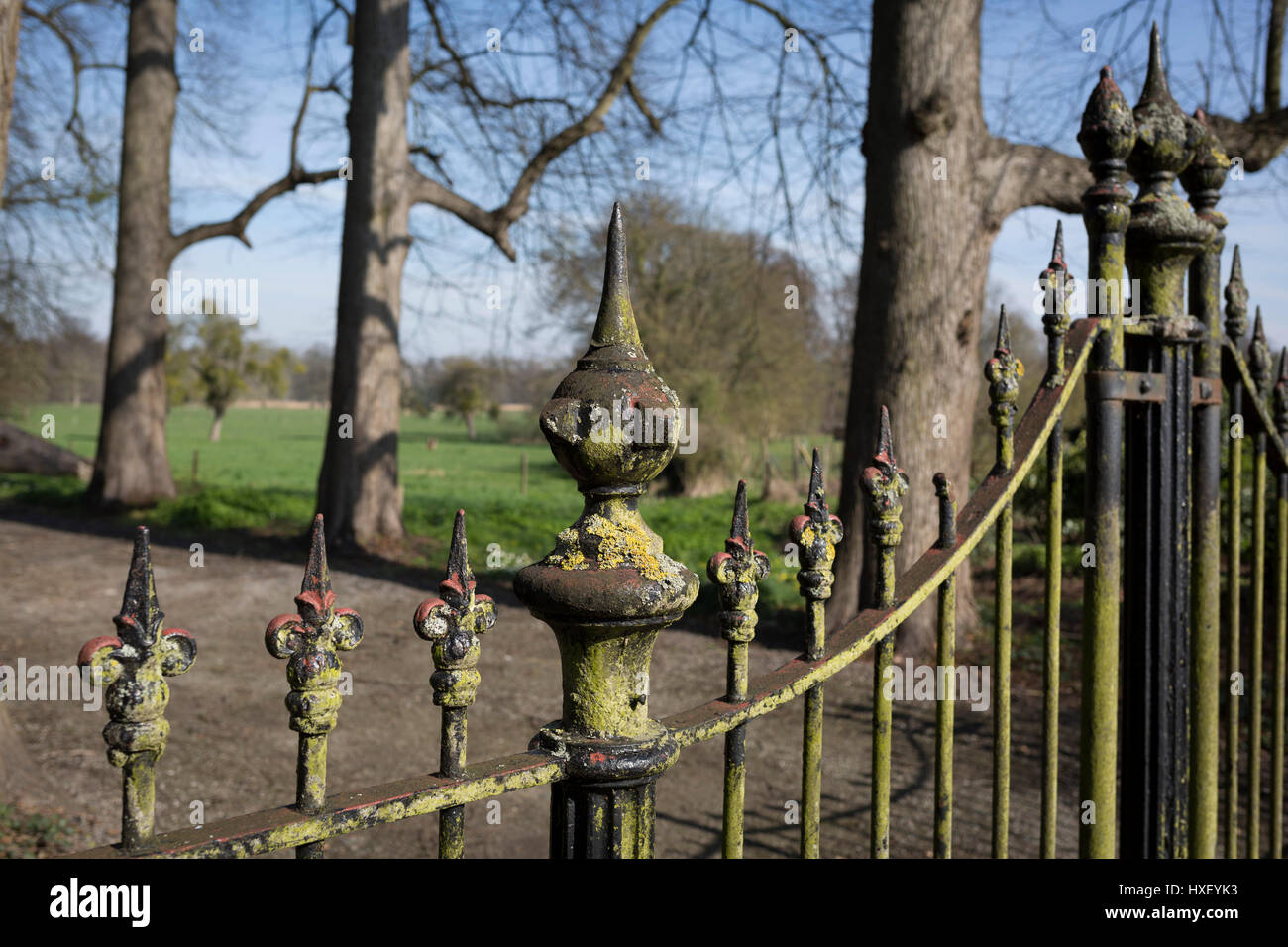 Vecchi cancelli in ferro battuto e nessun segno di entrata all'ingresso della proprietà privata de Merode castello, fuori dai limiti per i locali, il 25 marzo, in Everberg, Brabant, Belgio. de Merode castello fu costruito nel XVI secolo e contiene tre edifici separati: il residence, un edificio per gli animali, un edificio per i dipendenti e il ricovero di carrelli. Everberg è una città nella provincia belga Flemish-Brabant e fa parte del comune di Kortenberg. Foto Stock