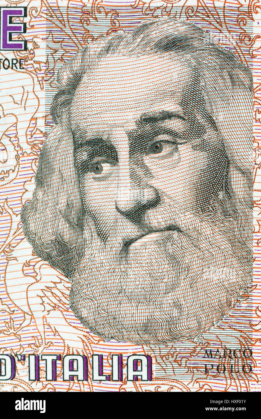 Marco Polo ritratto dal denaro italiano Foto Stock