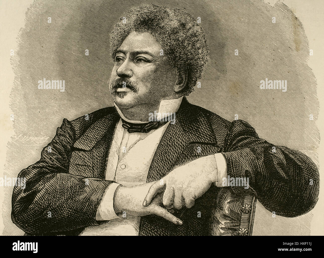 Alexandre Dumas (1802-1870). Lo scrittore francese. Il romanticismo e la narrativa storica movimento letterario. Ritratto. Incisione. 'La Ilustración Española y Americana ", 1870. Foto Stock