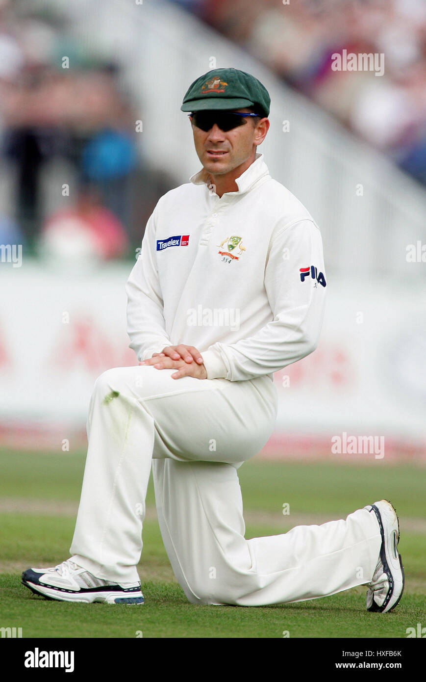 JUSTIN LANGER AUSTRALIA OLD TRAFFORD Manchester Inghilterra 12 Agosto 2005 Foto Stock