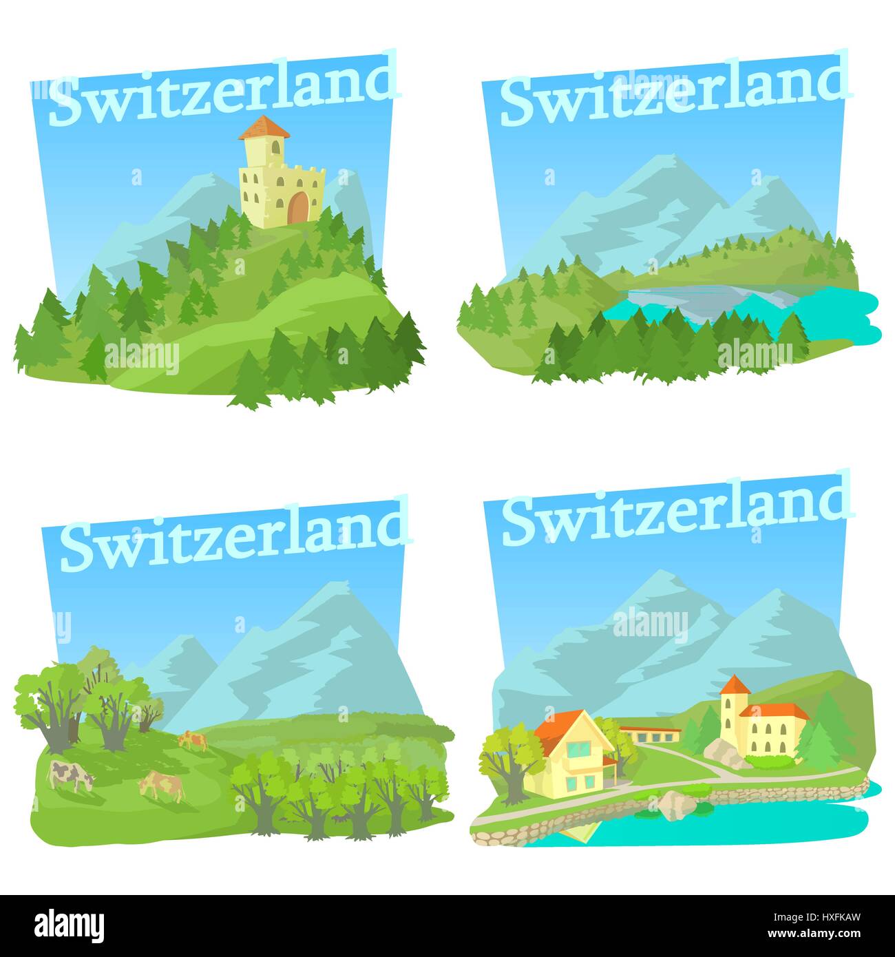 In Svizzera i concetti di viaggio insieme, stile cartoon Illustrazione Vettoriale