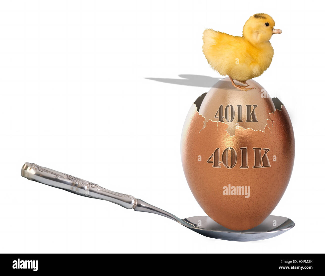 401K golden nest uovo con baby ducky sulla parte superiore. Foto Stock