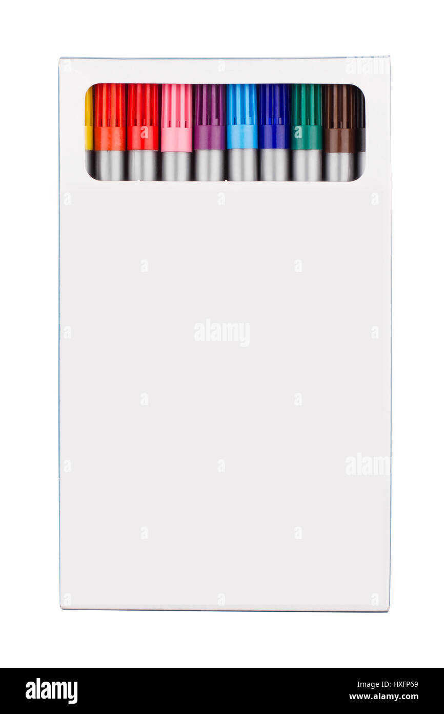 Vista superiore bianco confezione di cartone di un set di marcatori colorati isolati su sfondo bianco Foto Stock