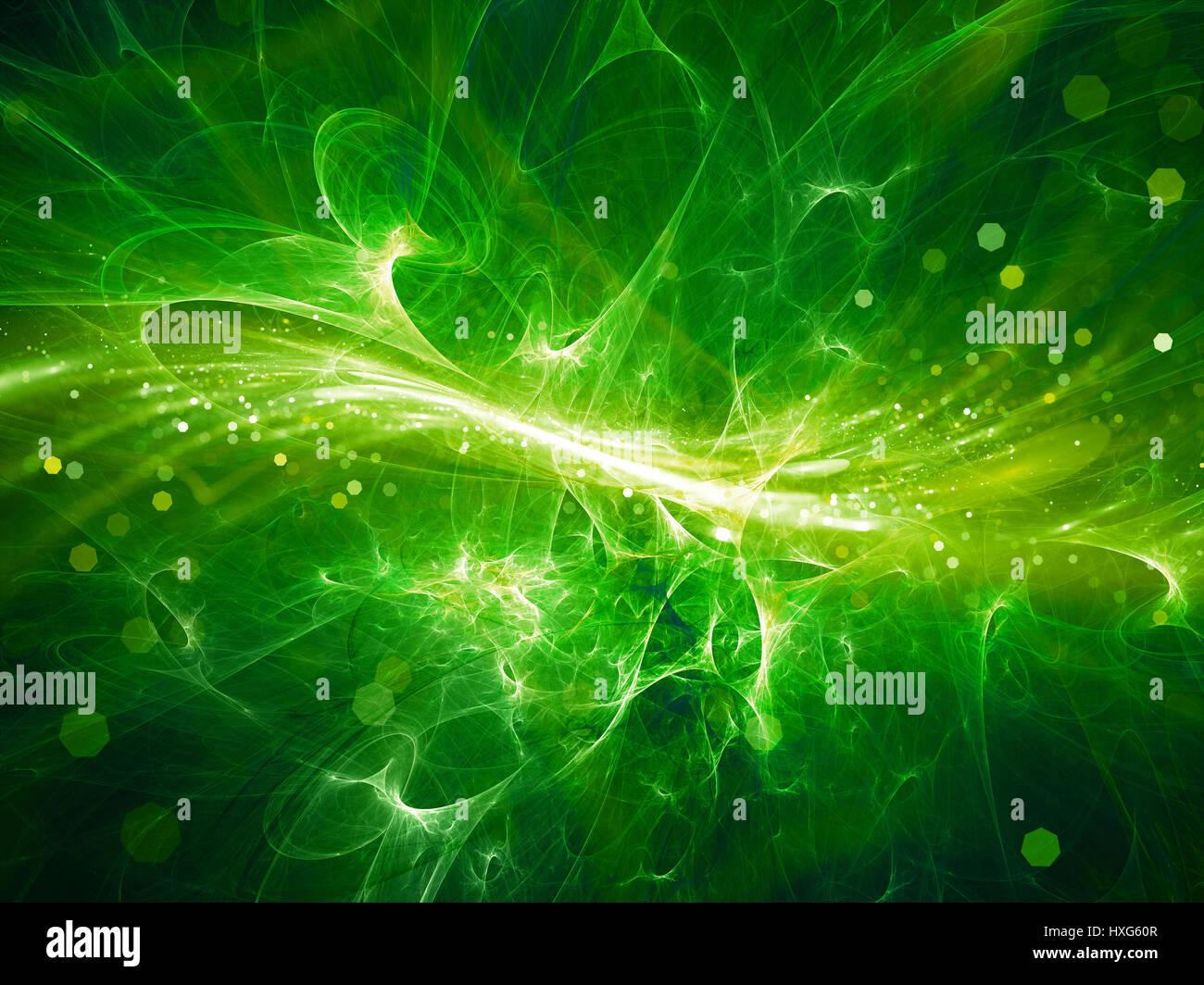 Incandescente verde ad alta energia di campo di plasma nello spazio con particelle, generato dal computer sfondo astratto Foto Stock