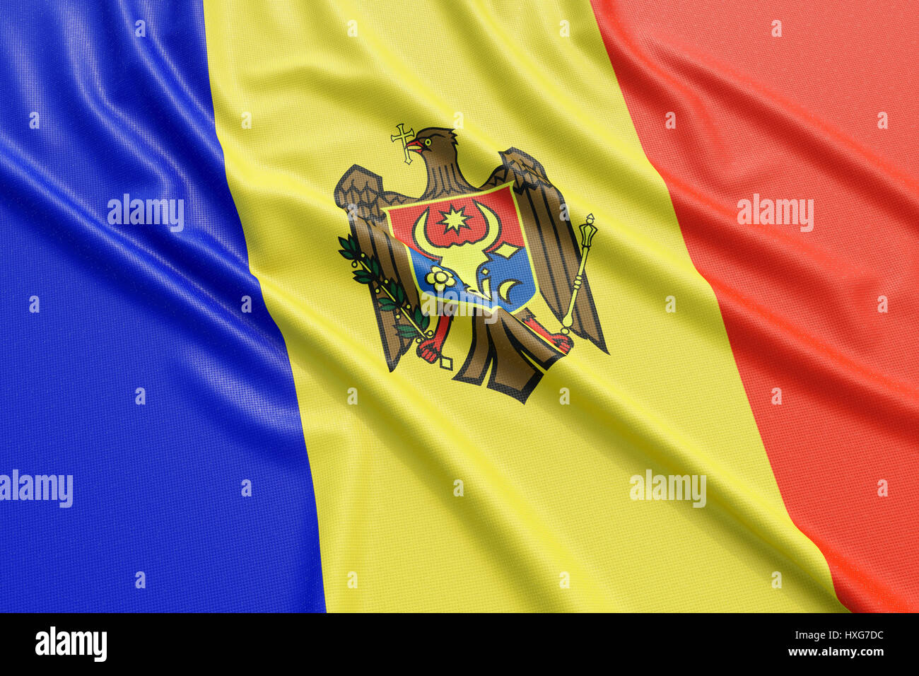 Bandiera della Repubblica moldova. Tessuto ondulato alta texture dettagliate. 3D rendering illustrazione Foto Stock