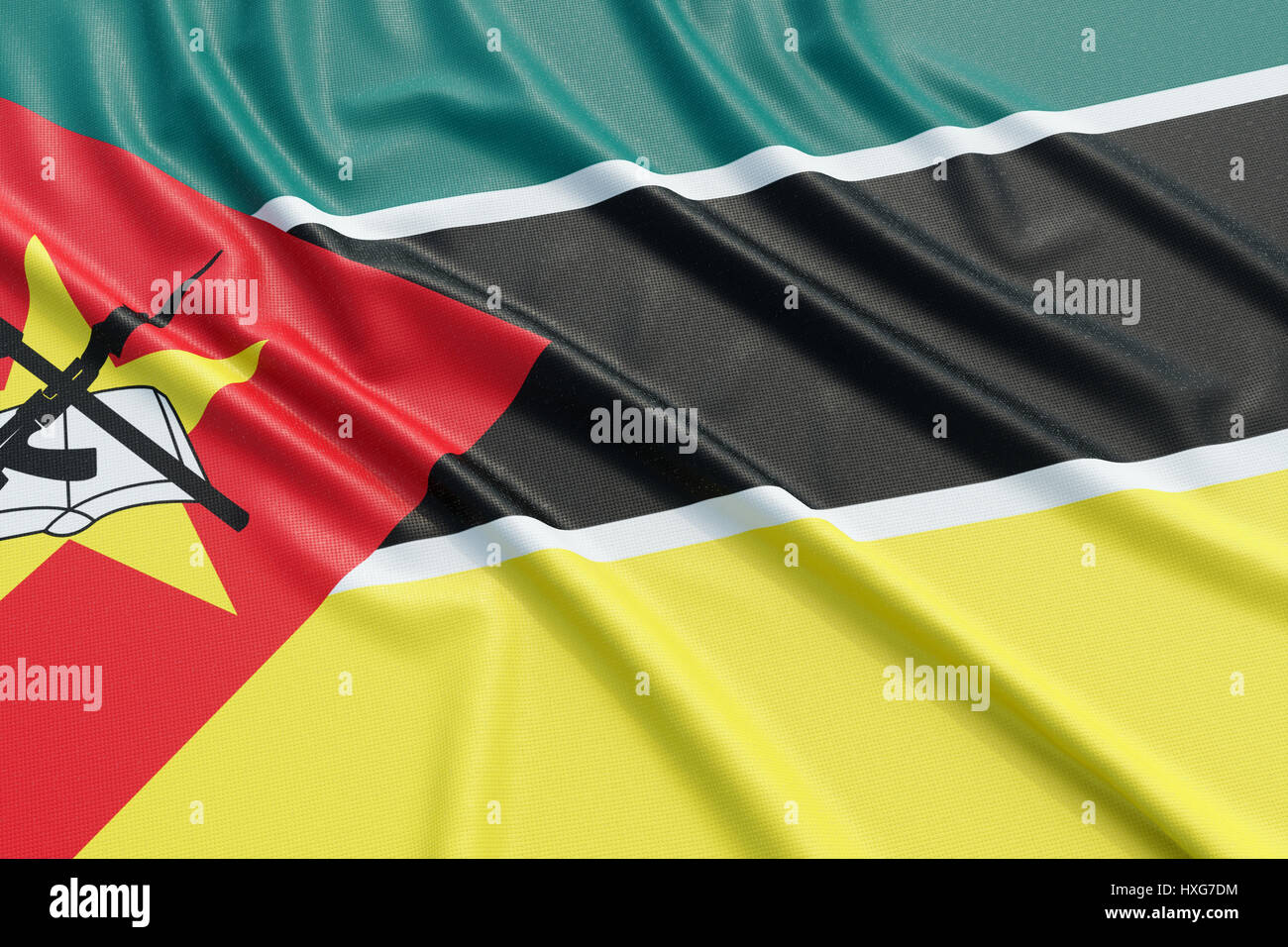 Mozambico bandiera. Tessuto ondulato alta texture dettagliate. 3D rendering illustrazione Foto Stock