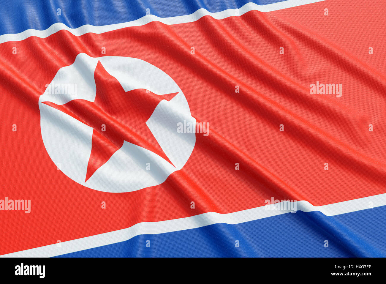 La Corea del Nord bandiera. Tessuto ondulato alta texture dettagliate. 3D rendering illustrazione Foto Stock