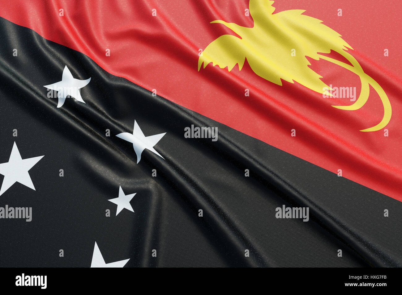 Papua Nuova Guinea bandiera. Tessuto ondulato alta texture dettagliate. 3D rendering illustrazione Foto Stock