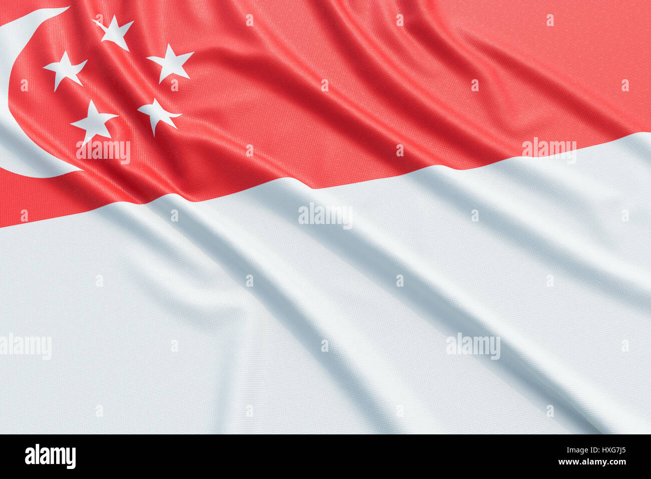 Bandiera di Singapore. Tessuto ondulato alta texture dettagliate. 3D rendering illustrazione Foto Stock