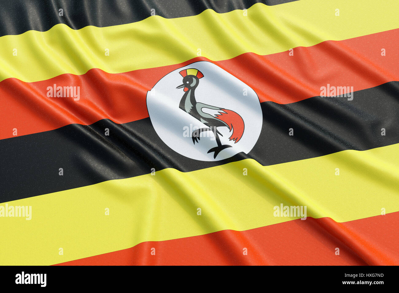 Bandiera dell'Uganda. Tessuto ondulato alta texture dettagliate. 3D rendering illustrazione Foto Stock