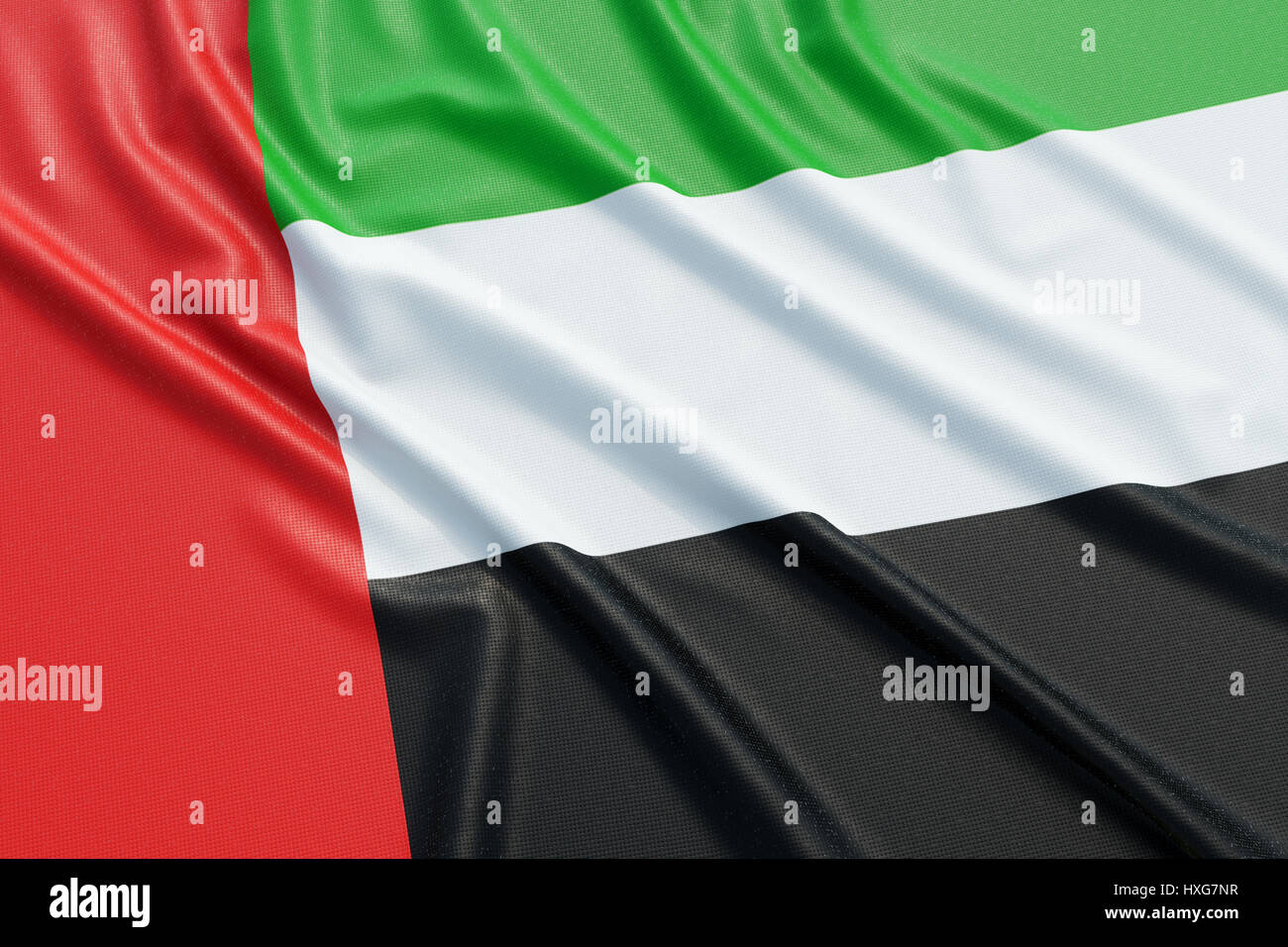 La Bandiera degli Emirati Arabi Uniti. Tessuto ondulato alta texture dettagliate. 3D rendering illustrazione Foto Stock