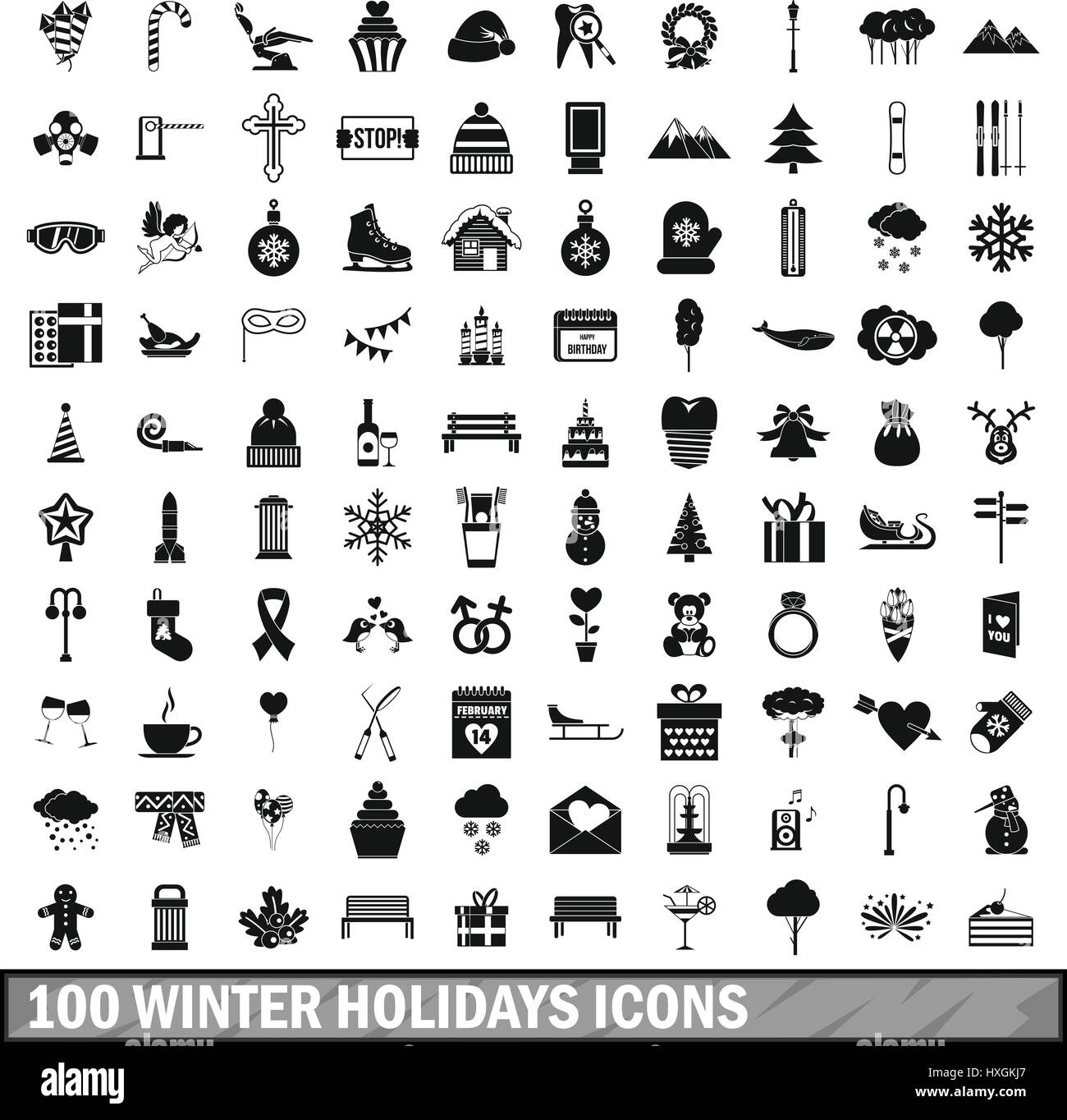 100 vacanze invernali set di icone, stile semplice Illustrazione Vettoriale