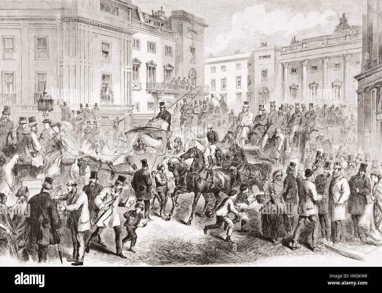 Daparture da Londra per l'ippodromo di Epsom Downs, Surrey in Inghilterra alla fine del XIX secolo. Da L'Univers Illustre pubblicato 1867. Foto Stock