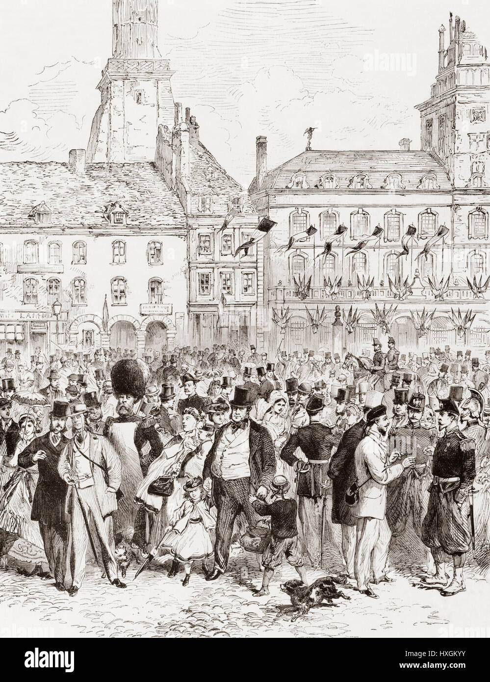Turisti inglese lo sbarco nel porto di Calais, in Francia per l'esposizione internazionale del 1867. Da L'Univers Illustre pubblicato 1867. Foto Stock