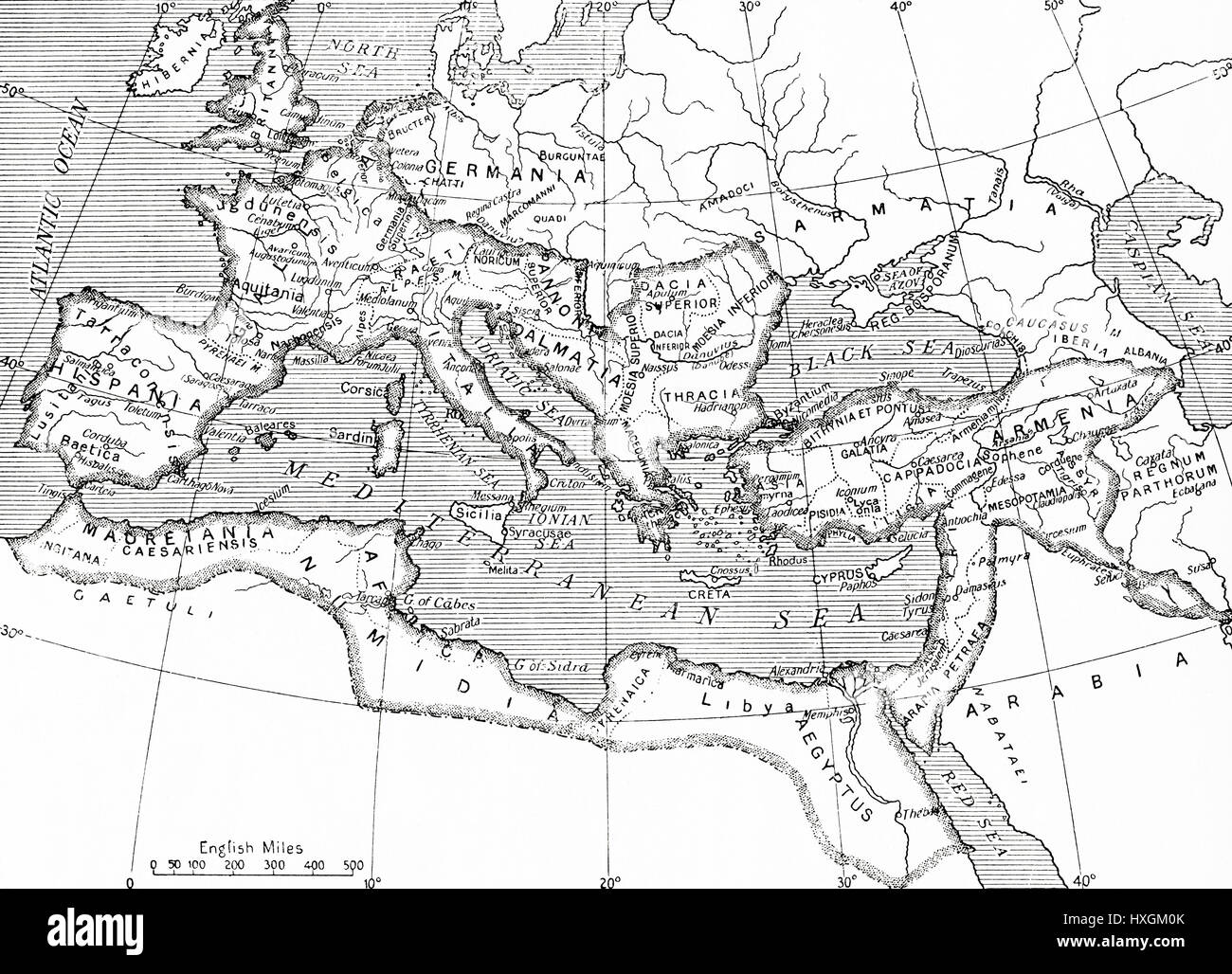 Mappa dell'Impero Romano 14 D.C. - 117 D.C. Da Hutchinson nella storia delle nazioni, pubblicato 1915. Foto Stock