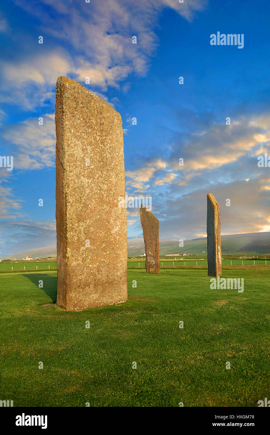 Neolitico pietre permanente di Stenness, Isola di Orkney, Scozia Foto Stock