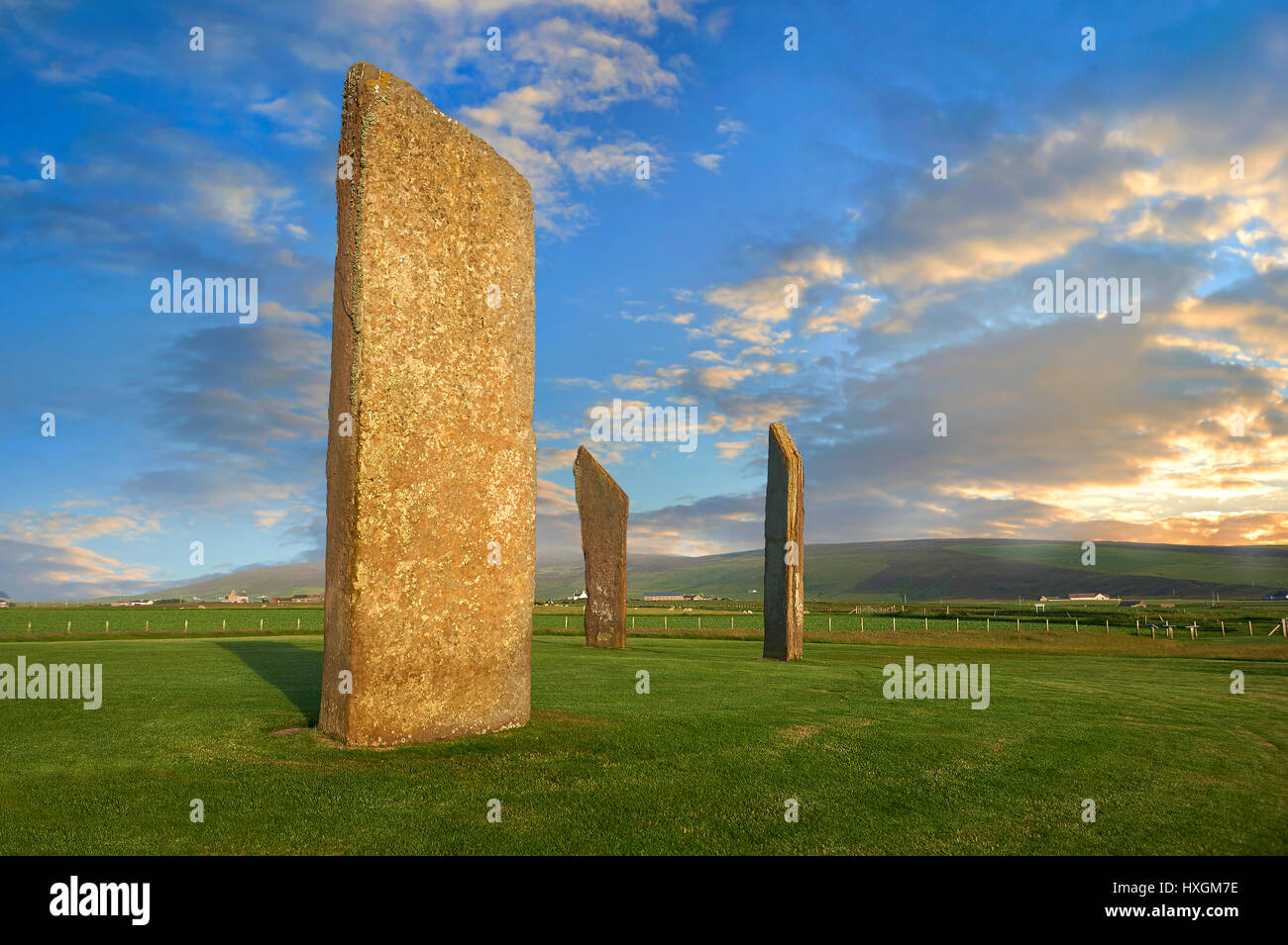 Neolitico pietre permanente di Stenness, Isola di Orkney, Scozia Foto Stock