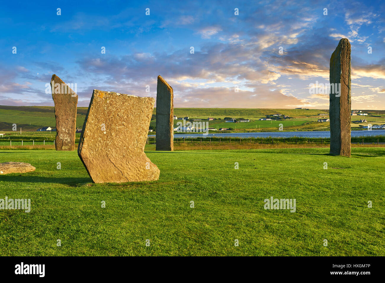 Neolitico pietre permanente di Stenness, Isola di Orkney, Scozia Foto Stock