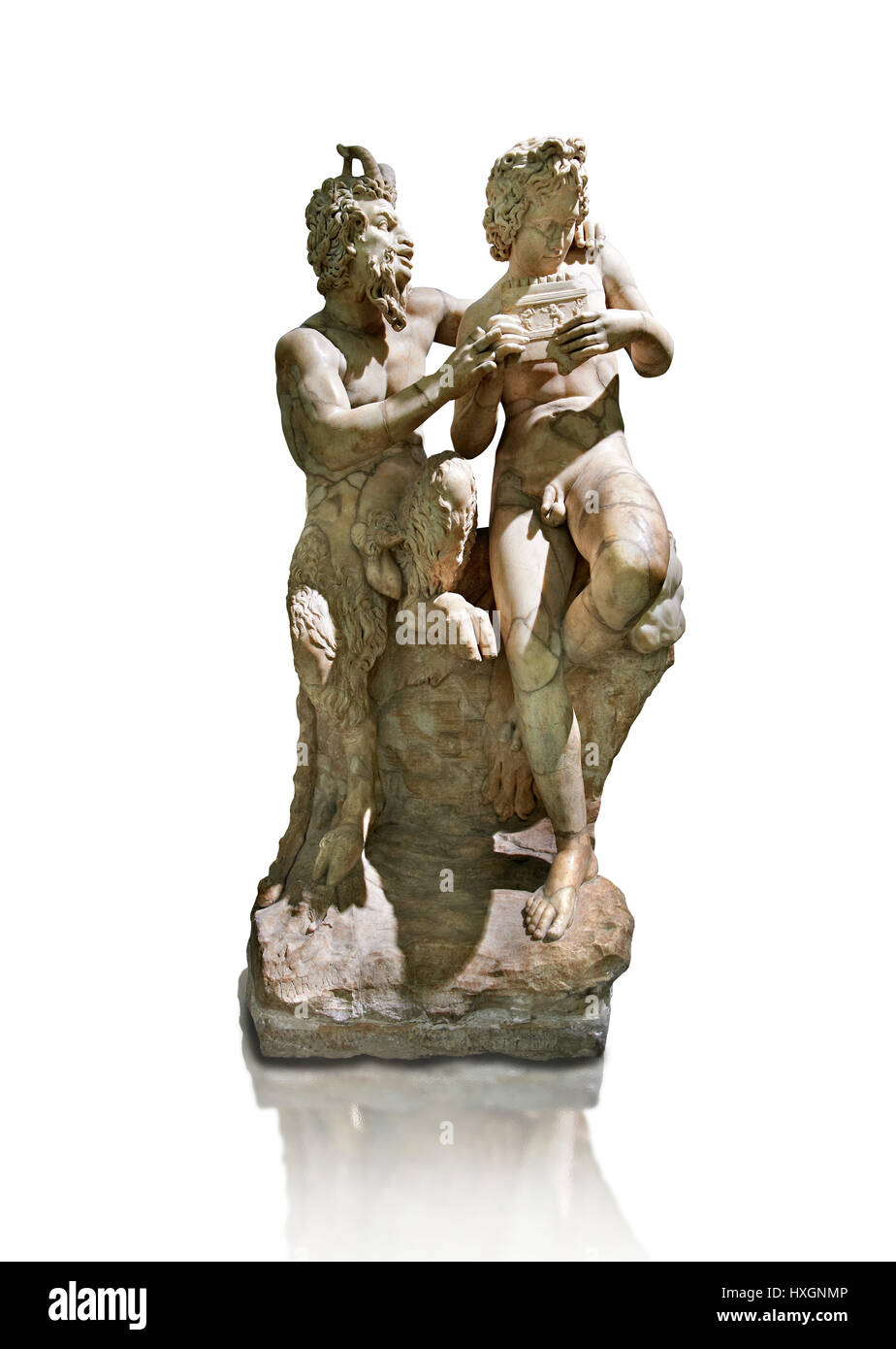 Ii secolo D.C. Romana scultura in marmo di Pan insegnamento Daphnis per riprodurre le tubazioni, la collezione Farnese, Museo Archeologico Nazionale di Napoli Foto Stock