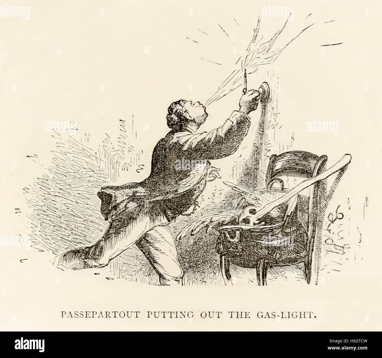 "Passepartout mettendo fuori il gas-luce" da "il giro del mondo in ottanta giorni " di Jules Verne (1828-1905), pubblicato nel 1873 con illustrazioni di Alphonse-Marie-Adolphe de Neuville (1835-1885) e Léon Benet (1839-1917) e incisioni di Louis Dumont (nato 1822) e Adolphe François Pannemaker (1822-1900). Foto Stock