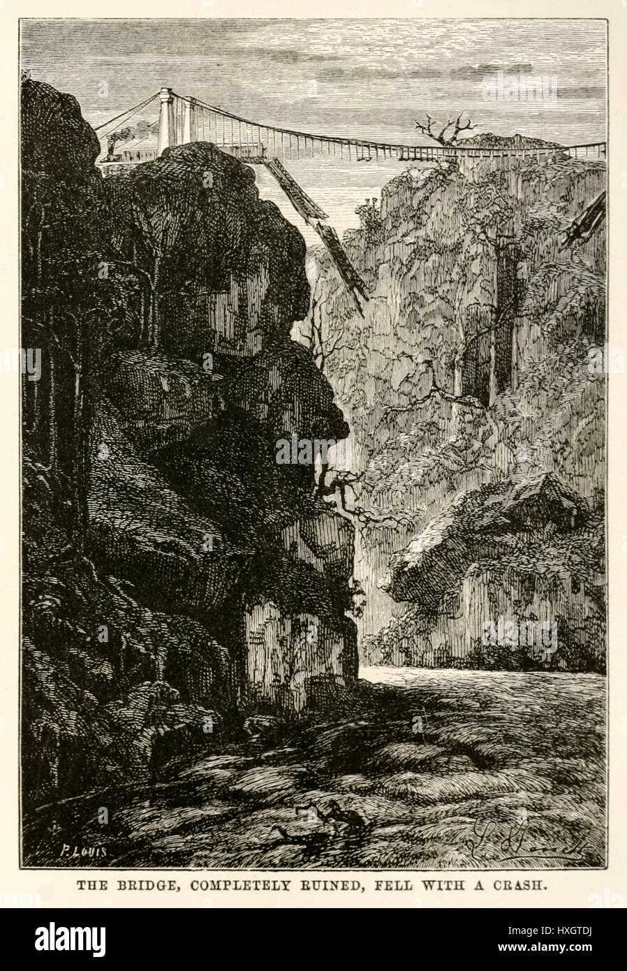 "Il ponte, completamente in rovina, cadde con un crash." Da "il giro del mondo in ottanta giorni " di Jules Verne (1828-1905), pubblicato nel 1873 Illustrazione di Léon Benet (1839-1917) e incisione di Louis. Foto Stock