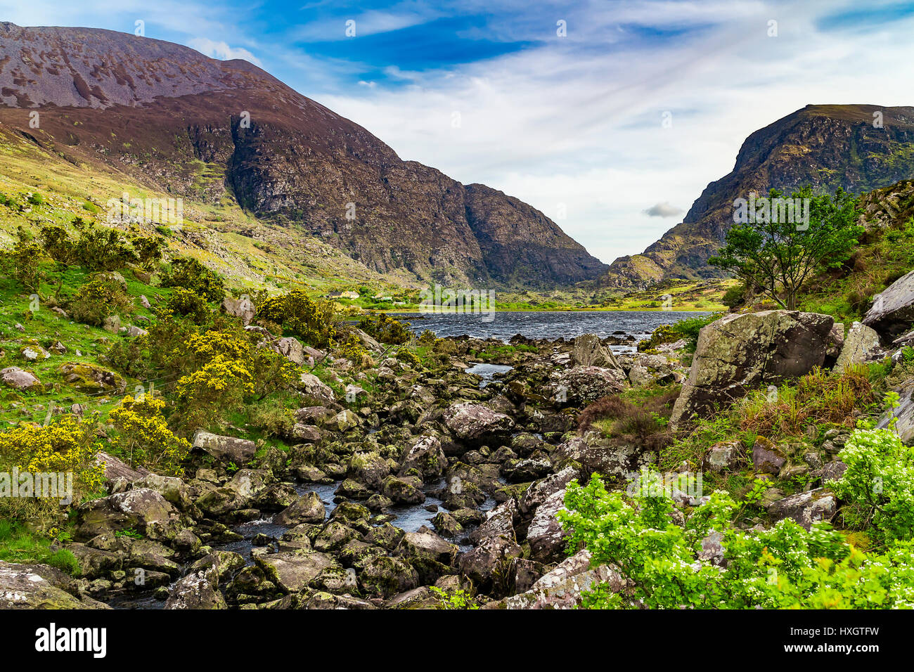 Gap di Dunloe, passo di montagna nel Parco Nazionale di Killarney, vicino a Killarney, nella contea di Kerry, Irlanda Foto Stock