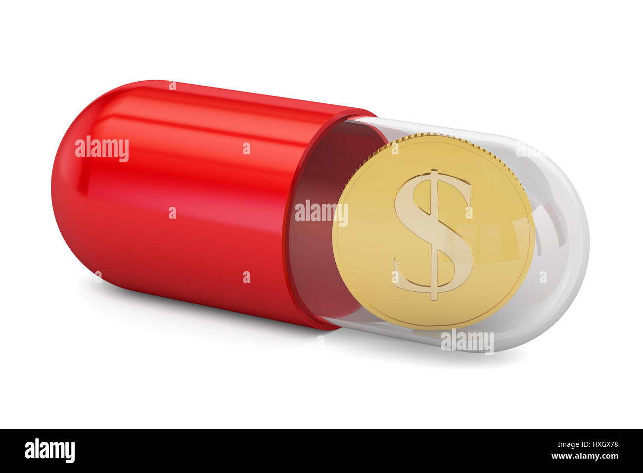 Capsula, pillola con dollar coin. I costi sanitari o gli aiuti finanziari concetto, rendering 3D Foto Stock
