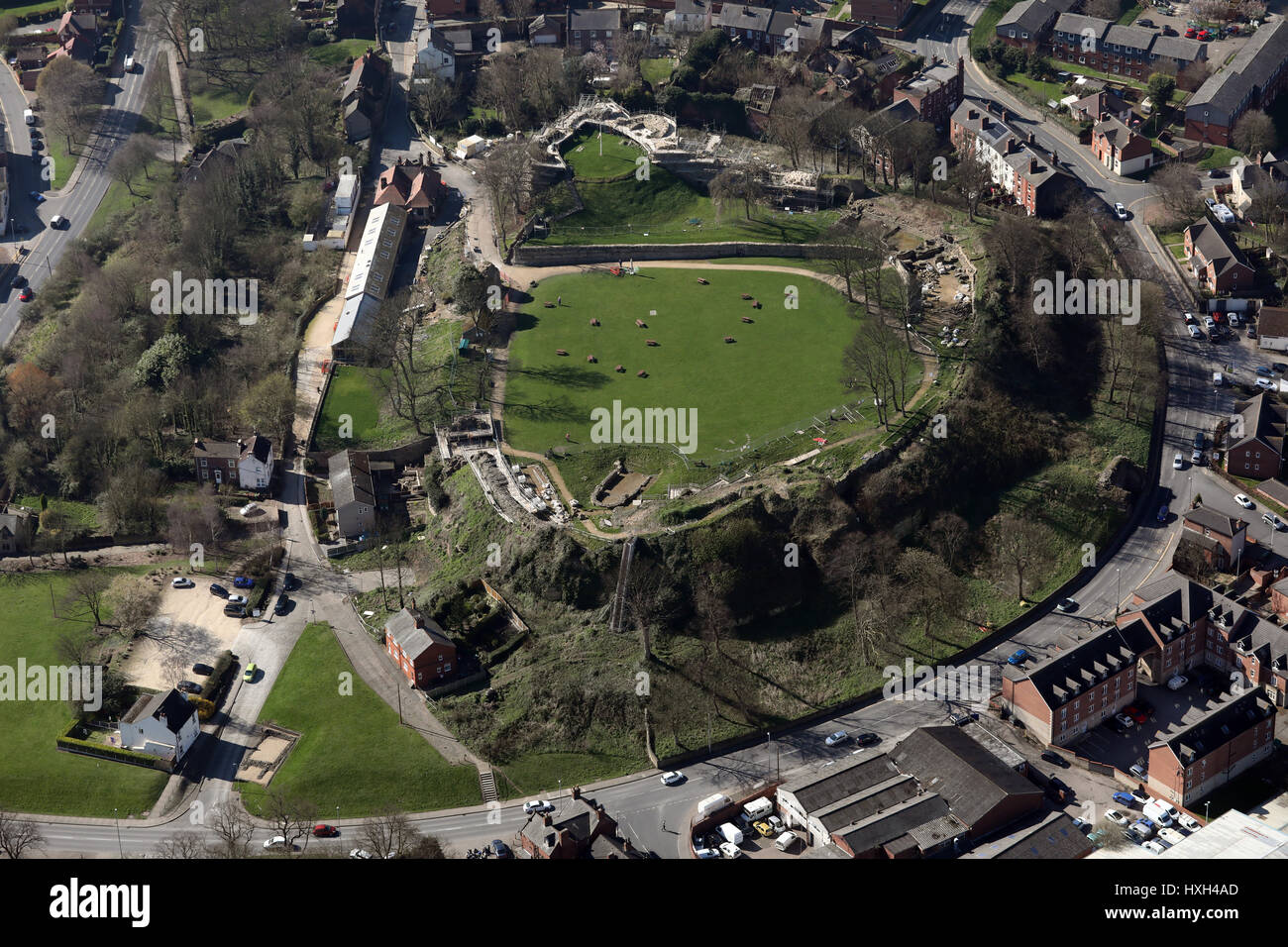 Veduta aerea del Castello di Pontefract, nello Yorkshire, Regno Unito Foto Stock