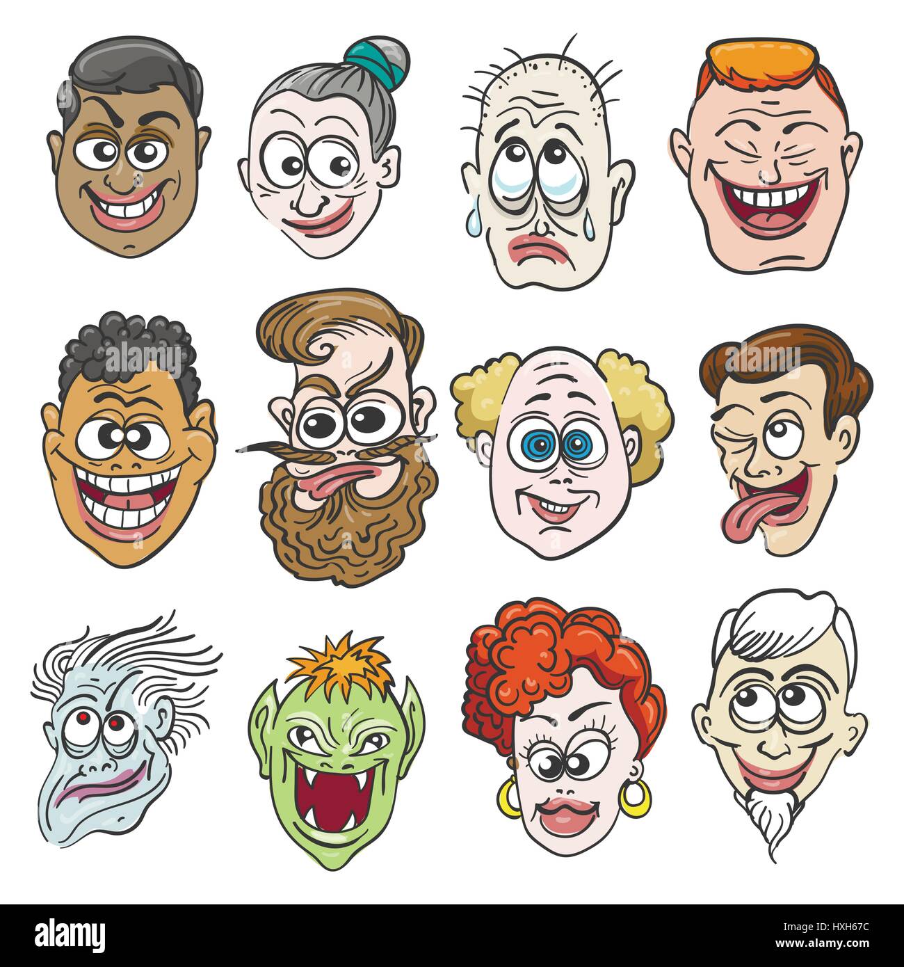 Doodle facce impostato in stile cartoon. Dodici diverse emozioni o faccia espressioni. Illustrazione Vettoriale Illustrazione Vettoriale