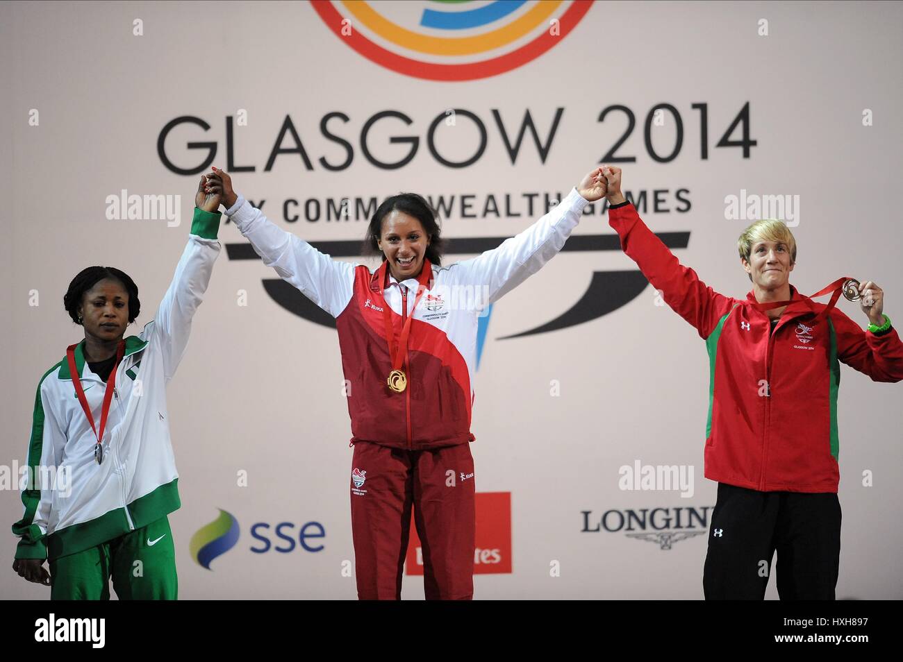N WINIFRED Z SMITH M BREEZE Donna Donne di sollevamento pesi il sollevamento pesi Clyde Auditorium GLASGOW Scozia 26 Luglio 2014 Foto Stock