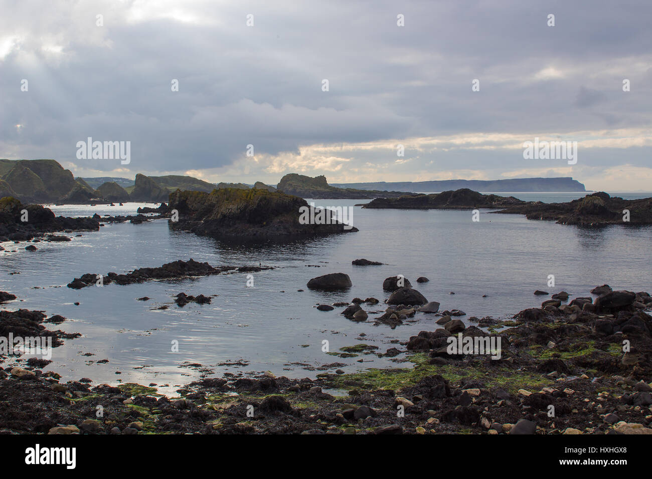 La costa rocciosa che si affaccia Whitepark Bay a nord da Ballintoy porto sulla costa North Antrim in Irlanda del Nord Foto Stock
