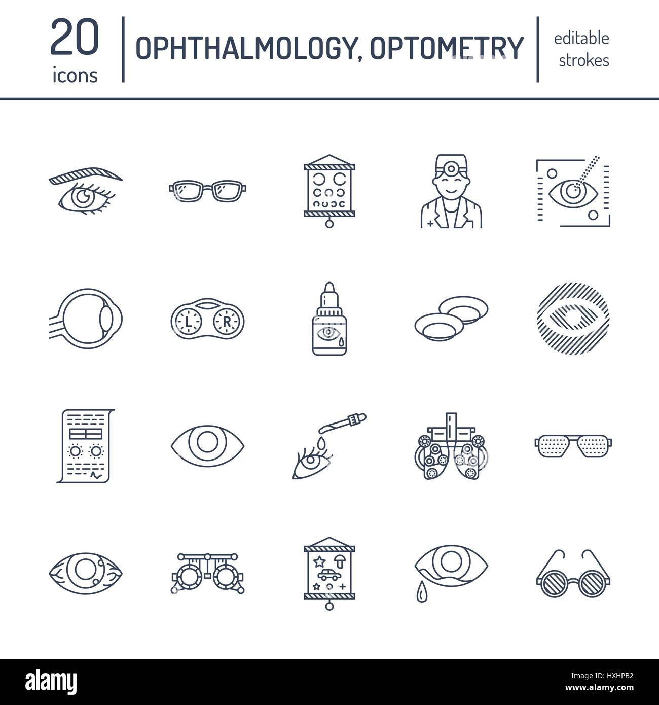 Oftalmologia, occhi health care le icone della linea. Optometria attrezzature, lenti a contatto, bicchieri, cecità. La correzione di visione lineare sottile indicazioni per oculista c Illustrazione Vettoriale
