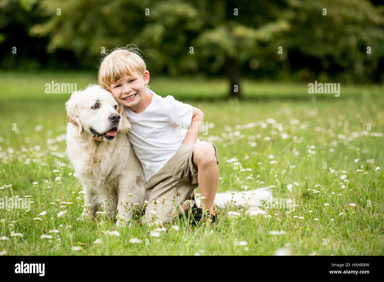 Happy boy e cane come amici come amore il vostro concetto di pet Foto Stock