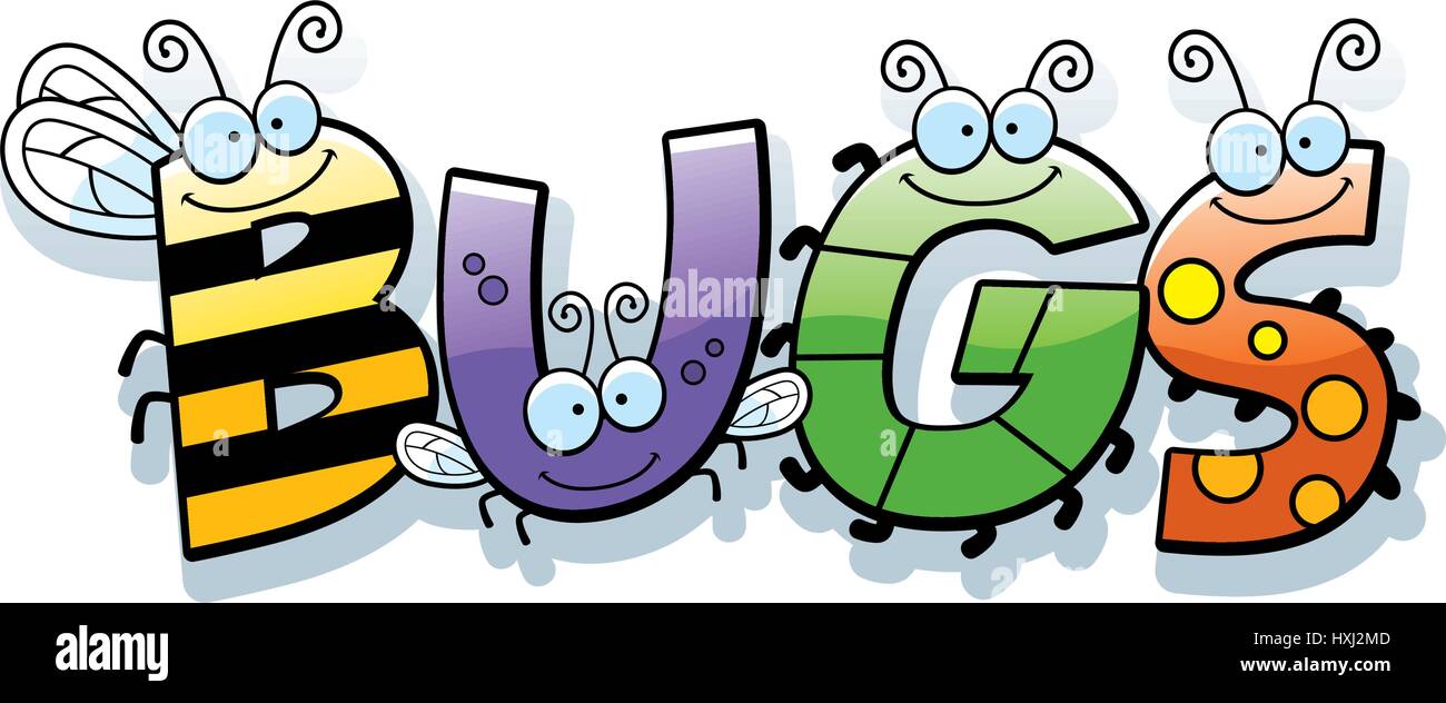 Un cartoon illustrazione della parola bug con un tema di insetti. Illustrazione Vettoriale