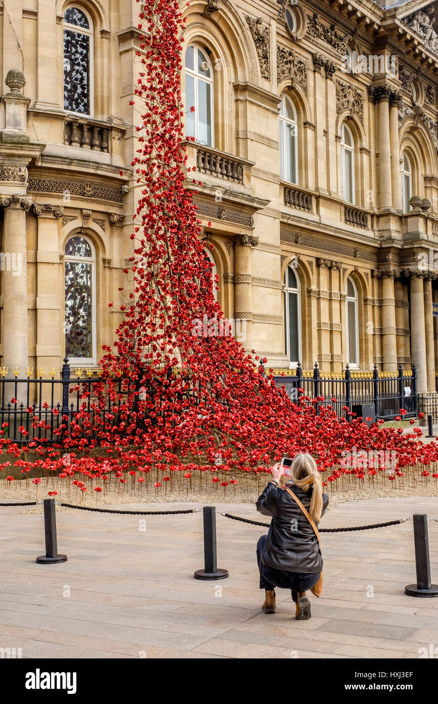 Papaveri finestra piangendo dall artista Paul Cummings & designer Tom Piper per commemorare la Prima Guerra Mondiale Foto Stock