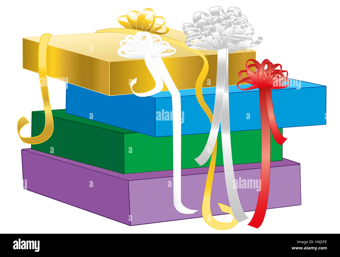 Confezione regalo - pila di scompattato confezioni regalo con nastro archi in diversi colori. Illustrazione isolato su sfondo bianco. Foto Stock