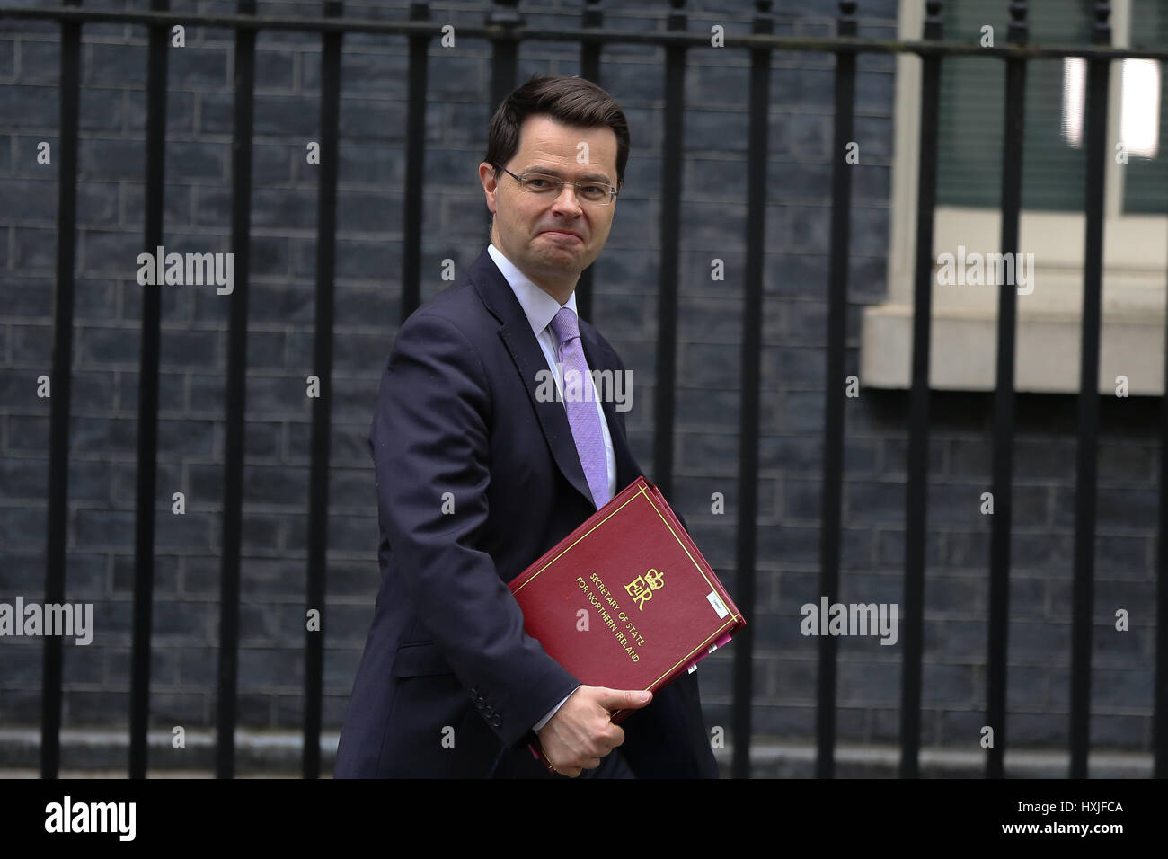 A Downing Street, Londra, Regno Unito. 29 Mar, 2017. James Brokenshire Segretario di Stato per l'Irlanda del Nord lascia dopo il settimanale riunione del gabinetto al numero 10 di Downing street il giorno in cui il primo ministro sarà sarà ufficialmente notificare l'UE della Gran Bretagna ha intenzione di lasciare e farà una dichiarazione alla House of Commons il seguente PMQs su Brexit. Credito: Dinendra Haria/Alamy Live News Foto Stock