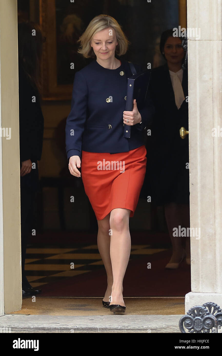 A Downing Street, Londra, Regno Unito. 29 Mar, 2017. Liz Truss Lord Cancelliere e segretario di Stato per la giustizia lascia dopo il settimanale riunione del gabinetto al numero 10 di Downing street il giorno in cui il primo ministro sarà sarà ufficialmente notificare l'UE della Gran Bretagna ha intenzione di lasciare e farà una dichiarazione alla House of Commons il seguente PMQs su Brexit. Credito: Dinendra Haria/Alamy Live News Foto Stock