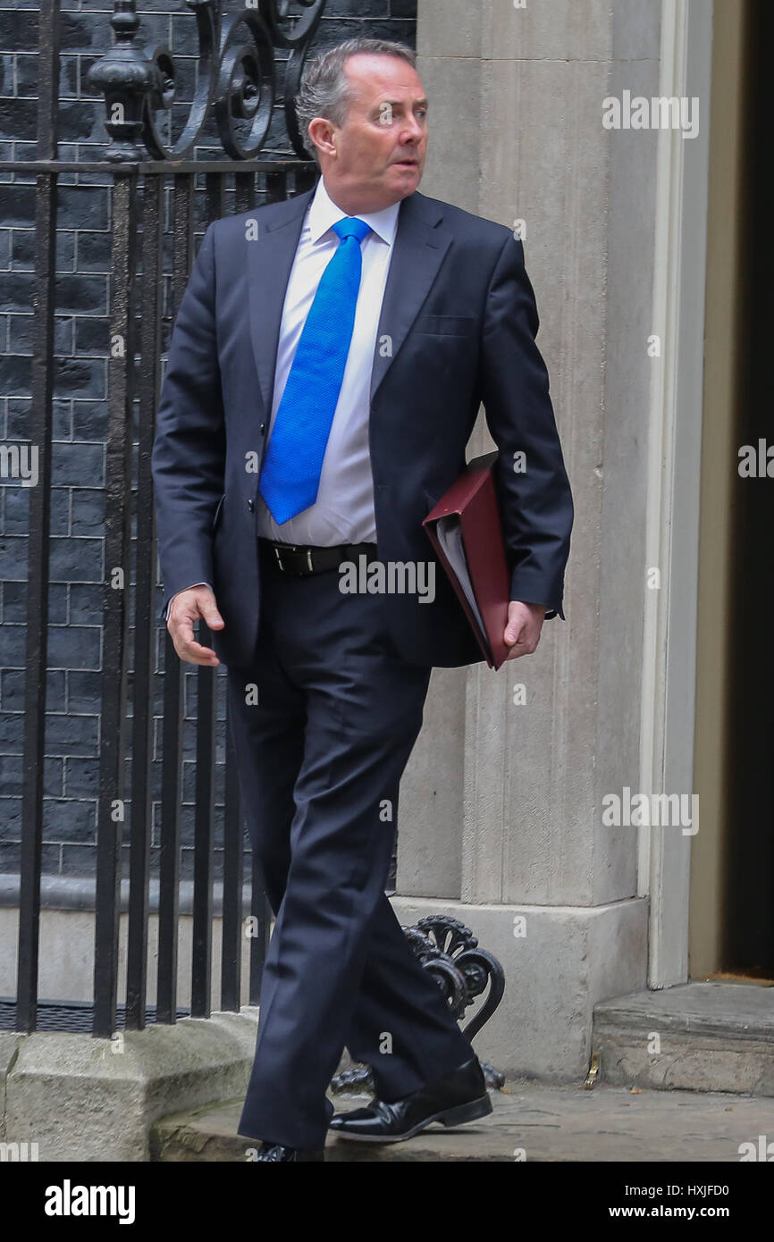 A Downing Street, Londra, Regno Unito. 29 Mar, 2017. Liam Fox il Segretario di Stato per il commercio internazionale e il presidente del consiglio di amministrazione del commercio lascia dopo il settimanale riunione del gabinetto al numero 10 di Downing street il giorno in cui il primo ministro sarà sarà ufficialmente notificare l'UE della Gran Bretagna ha intenzione di lasciare e farà una dichiarazione alla House of Commons il seguente PMQs su Brexit. Credito: Dinendra Haria/Alamy Live News Foto Stock