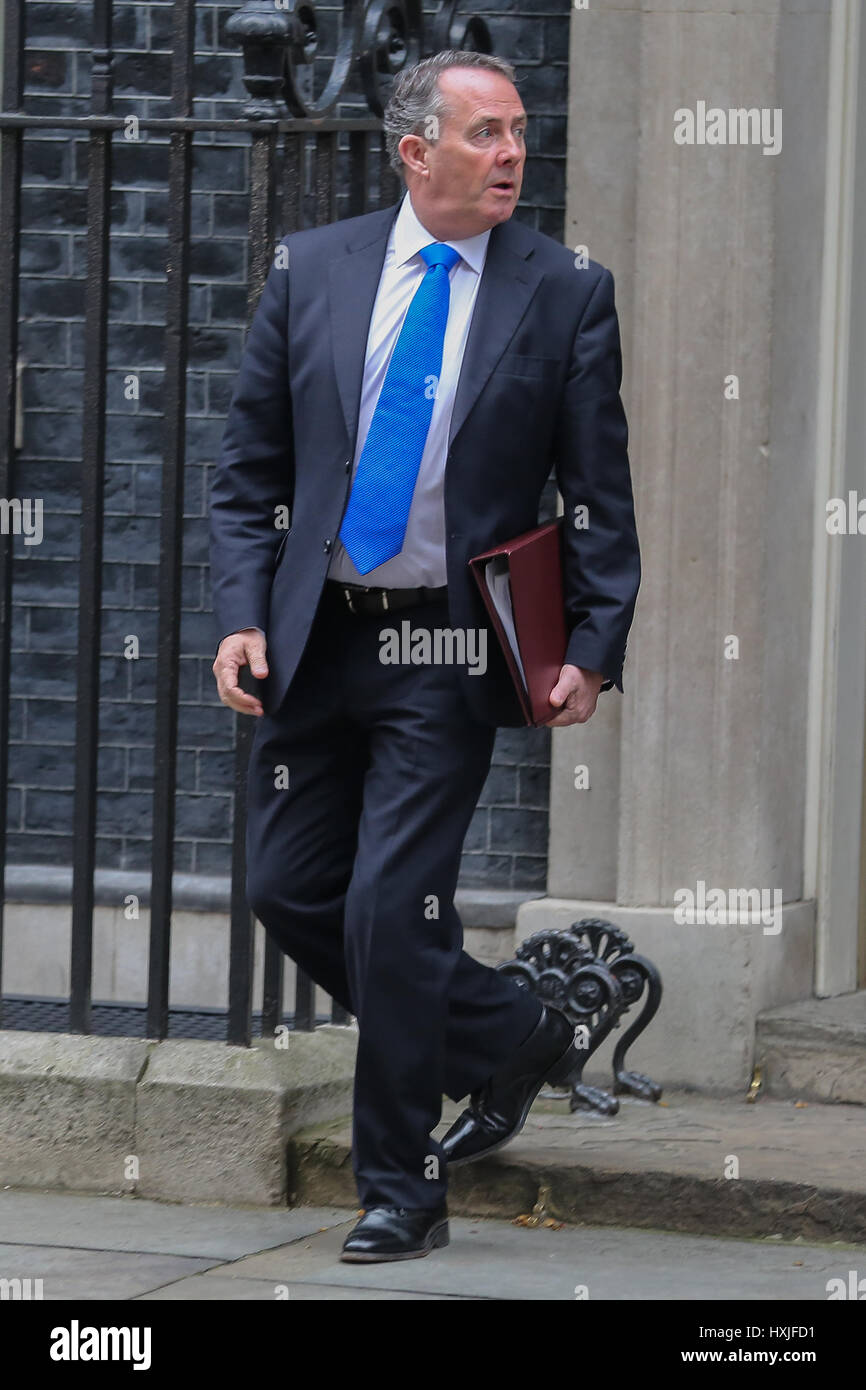 A Downing Street, Londra, Regno Unito. 29 Mar, 2017. Liam Fox il Segretario di Stato per il commercio internazionale e il presidente del consiglio di amministrazione del commercio lascia dopo il settimanale riunione del gabinetto al numero 10 di Downing street il giorno in cui il primo ministro sarà sarà ufficialmente notificare l'UE della Gran Bretagna ha intenzione di lasciare e farà una dichiarazione alla House of Commons il seguente PMQs su Brexit. Credito: Dinendra Haria/Alamy Live News Foto Stock