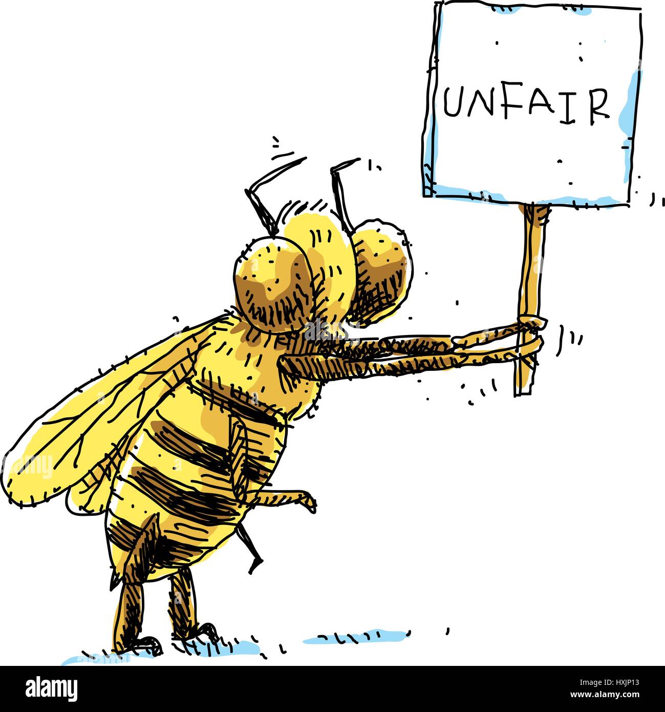 Un cartoon bee proteste ingiusto trattamento con un segno di protesta Illustrazione Vettoriale