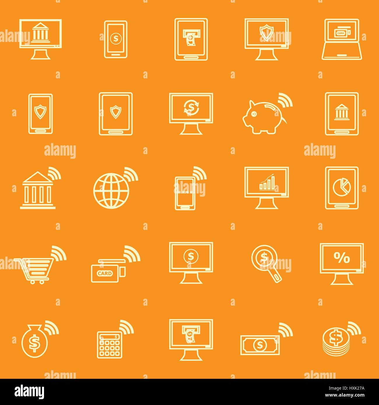 Online banking riga di icone a colori su sfondo arancione, vettore di stock Illustrazione Vettoriale