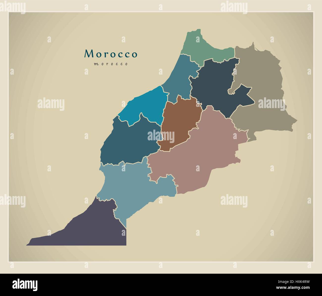 Mappa moderno - Marocco con le regioni ma colorato Illustrazione Vettoriale