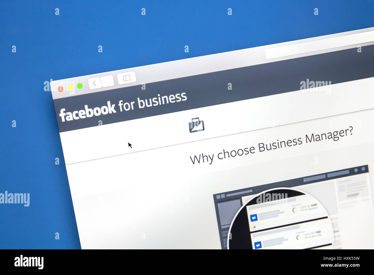 Primo piano della pagina business su Facebook. Facebook è il più visitato della rete sociale in tutto il mondo Foto Stock