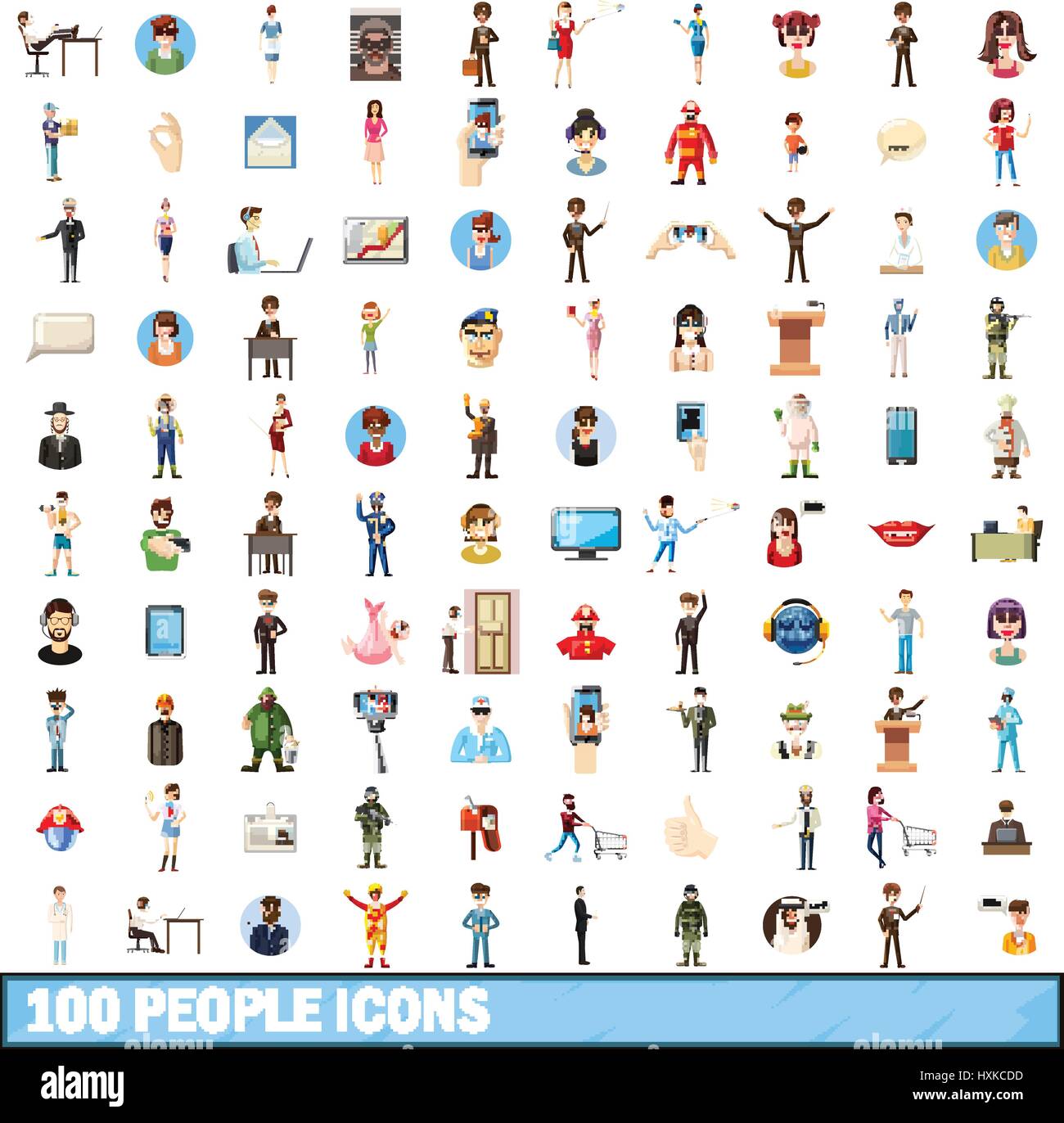 100 persone set di icone, stile cartoon Illustrazione Vettoriale