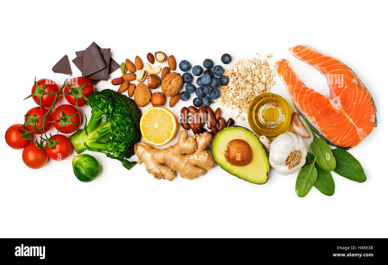Selezione Di Cibo Sano Su Sfondo Bianco Alimentazione Sana Alimenti Per Il Cuore Di Colesterolo E Diabete Foto Stock Alamy