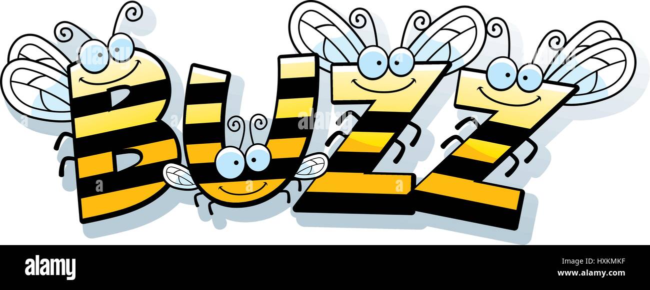 Un cartoon illustrazione della parola buzz con un tema di api. Illustrazione Vettoriale