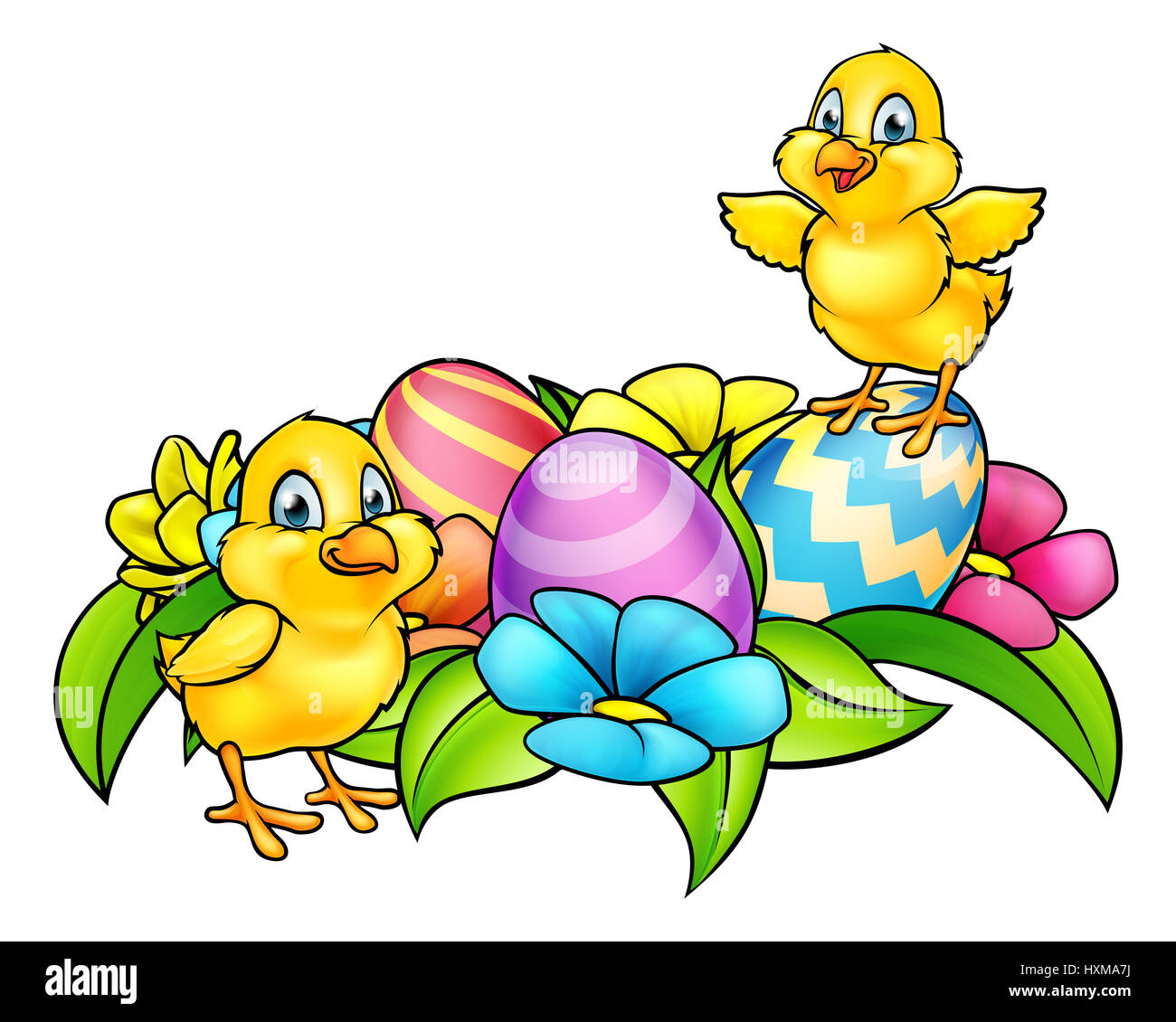Cartoon Pasqua Pulcini, uova di Pasqua e fiori di primavera Foto