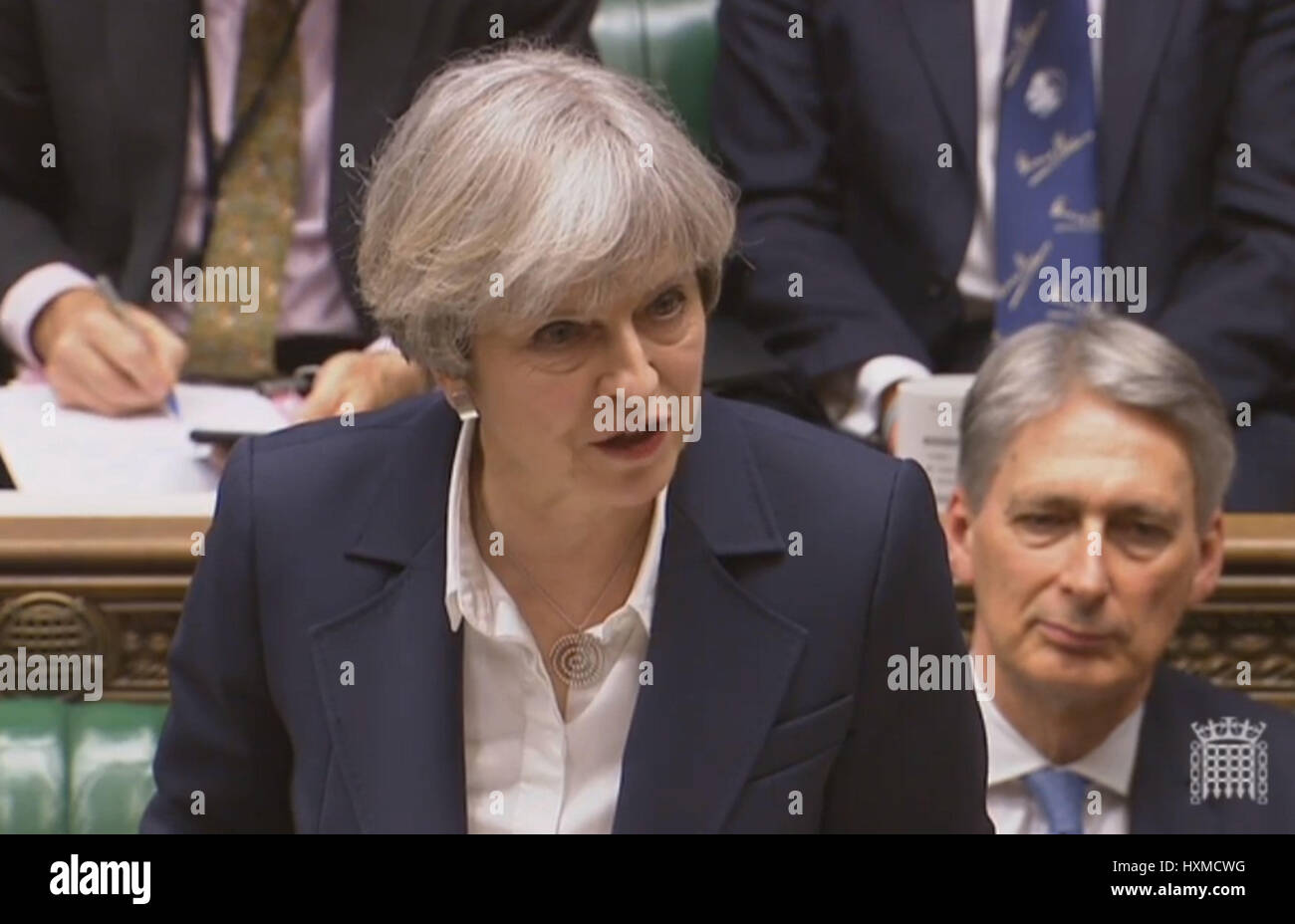 Il primo ministro Theresa Maggio annuncia alla Camera dei Comuni di Londra, che ella ha innescato un articolo 50, iniziando a due anni di conto alla rovescia per il Regno Unito a lasciare l'UE. Foto Stock